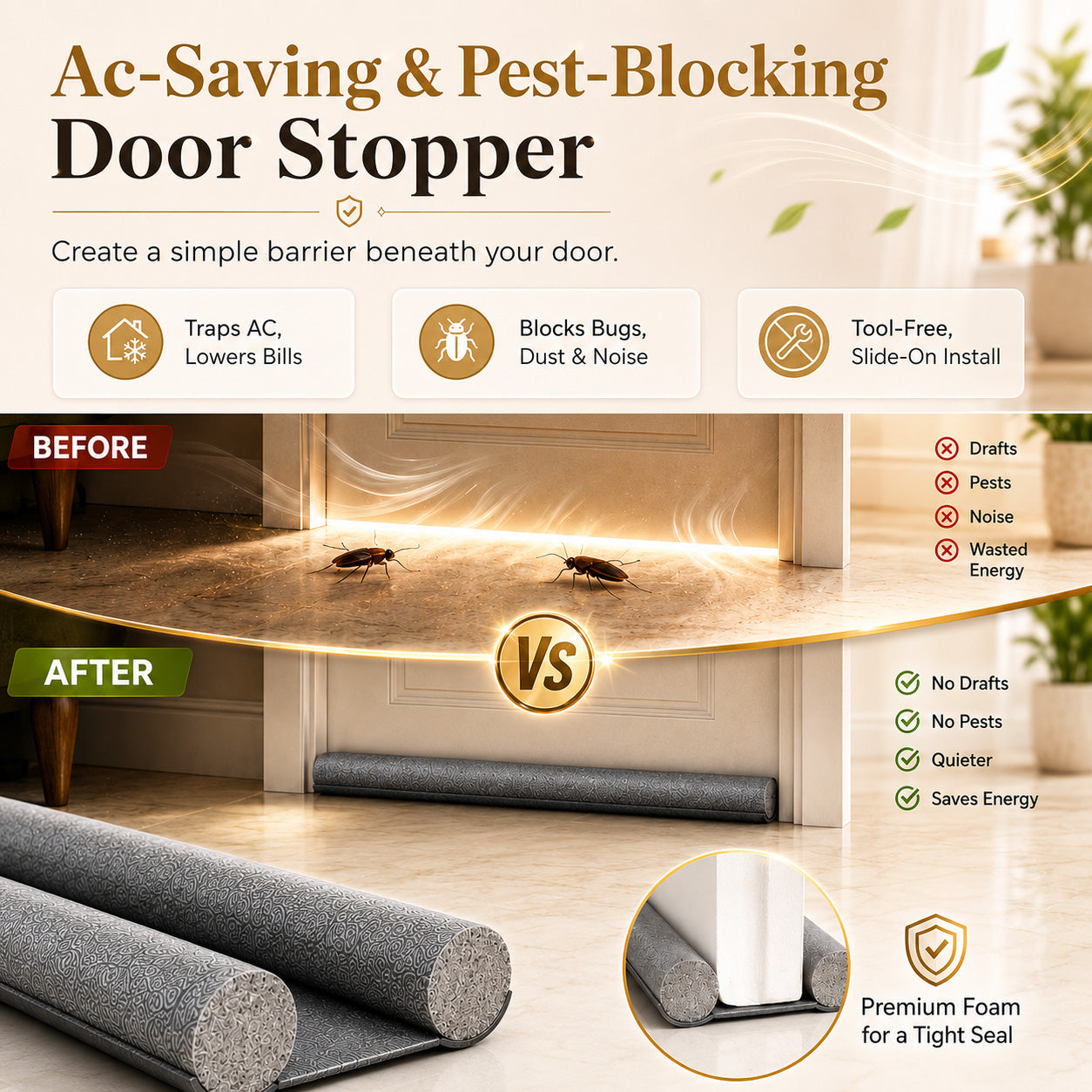 ✅ ✅  The Ultimate Summer Door Seal: Lock AC In, Keep Bugs & Noise Out (Slide-On)